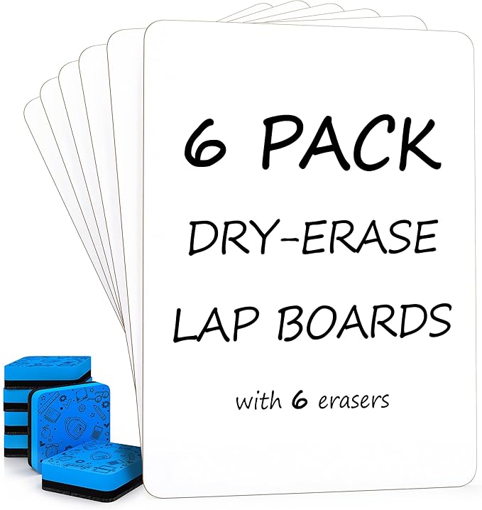 Scribbledo 6 Pack Small White Board Dry Erase Boards Classroom Pack Mini White Boards 9" x12” Personal Whiteboards for Students Teachers School Supplies Lapboards l 6 Mini Whiteboard Erasers Included