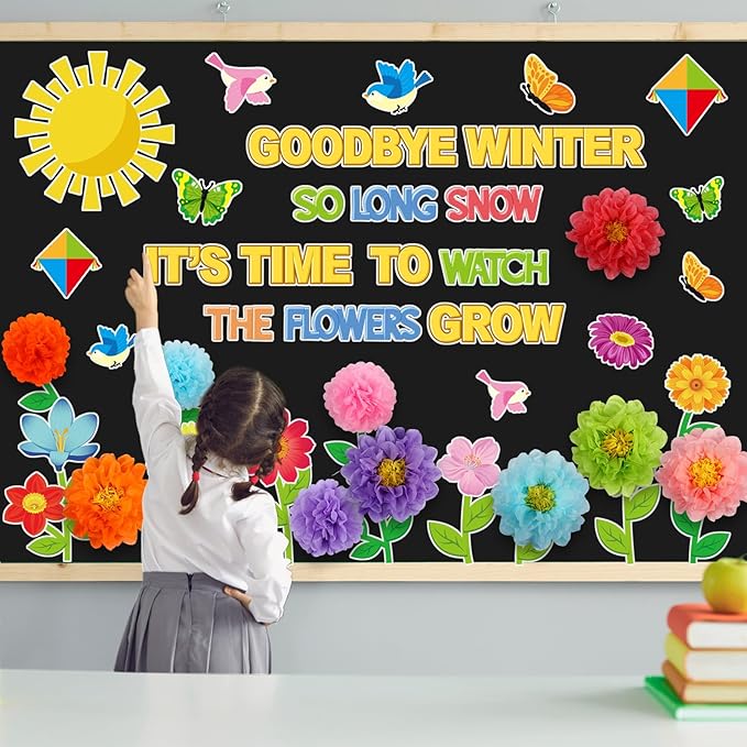 Pasimy 3D Summer Flowers Bulletin Board Decorations Set for Classroom Watch The Flower Grow Decor Floral Butterfly Bulletin Board Cutouts Borders Letters Summer Classroom Preschool Chalkboard Wall