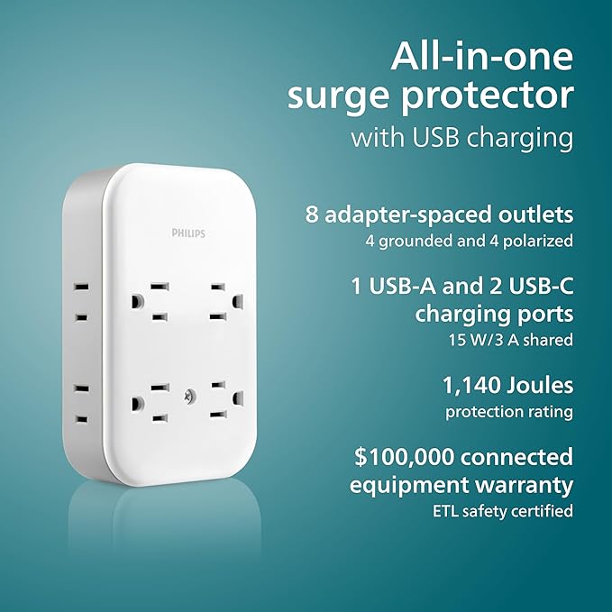 Philips All-in-One Surge Tap with USB, 4 Grounded & 4 Polarized Outlets, 2 USB-C & 1 USB-A Ports, 15W Shared, 1140 Joules, ETL Certified, White/Gray, SPP3453GW/37