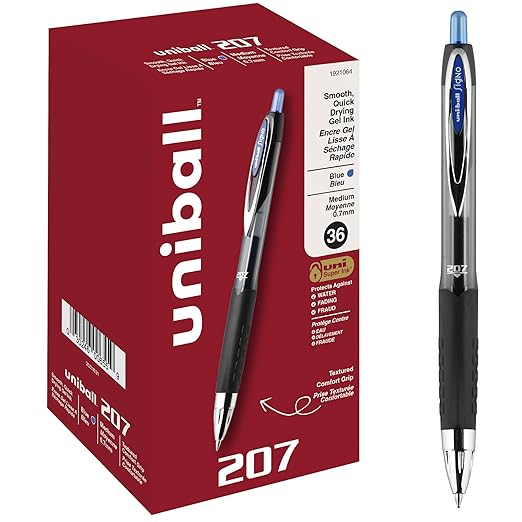uni-ball 207 Retractable Gel Pens, Medium Point (0.7mm), Blue, 36 Count