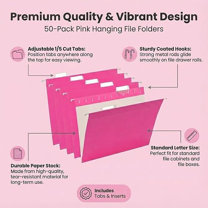 50 Packs Hanging File Folders,Pink Letter Size File Folder,Designed for Bulky Files,Filing Cabinet,1/5 Adjustable Tabs for Office,School,Home