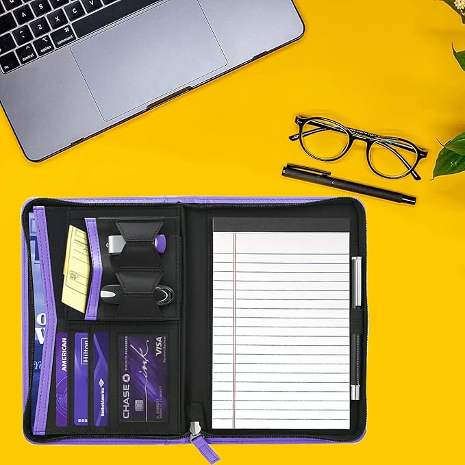 Small Portfolio Organizer, A5 Zippered Business Portfolio, Junior Padfolio Folder Binder for Women & Men, 5 x 8 Writing Pad Included, Purple