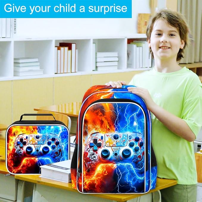 gxtvo 3PCS Kids Game Bookbag, 17" Boys Backpack with Lunch Box, Water Resistant Middle Elementary School Bag - Fire & Lightning Game