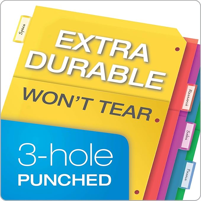 Oxford Plastic 2 Pocket Binder Dividers, 5 Tab 1/5 Cut, Multicolor Large Tab Set, Insertable Dividers with Paper Inserts, Letter Size, 3 Sets (89602) (Pack of 8)