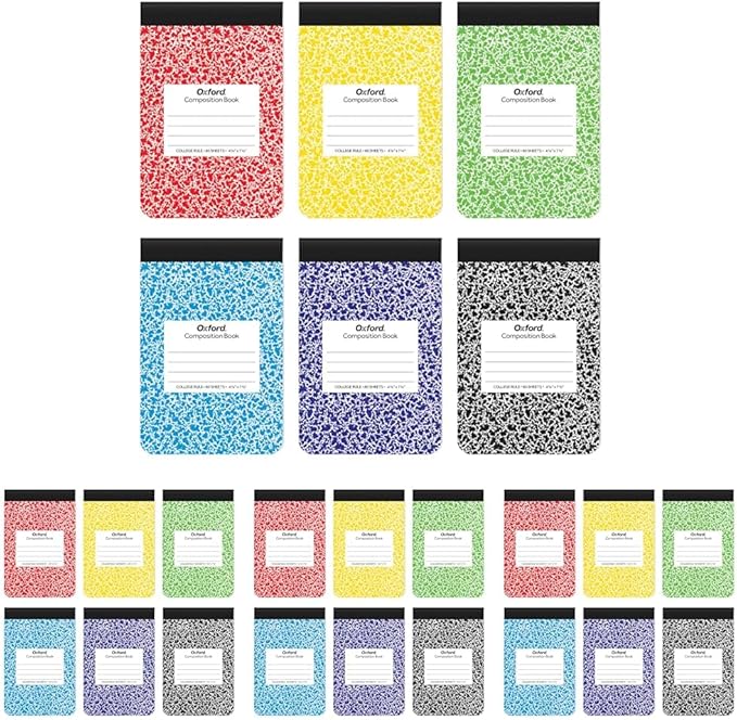 Oxford Jr. Composition Notebooks, Notebooks for School, School Supplies, Half Size, Kids Journal, 7-1/2 x 4-7/8 Inches, College Ruled Paper, 80 Sheets, Primary Marble Covers, (63774) (Pack of 24)