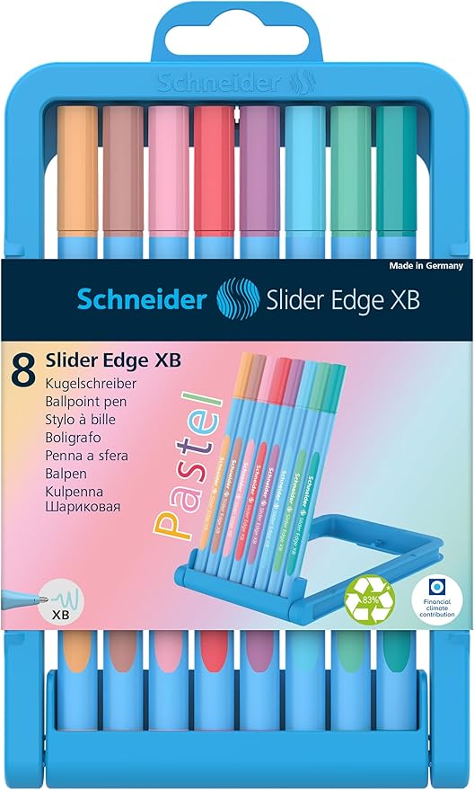 Schneider Slider Edge Pastel XB (Extra Broad) Ballpoint Pen, 1.4 mm, Light Blue Barrel, Assorted Ink Colors, Adjustable Case Stand of 8 Pens (152289)
