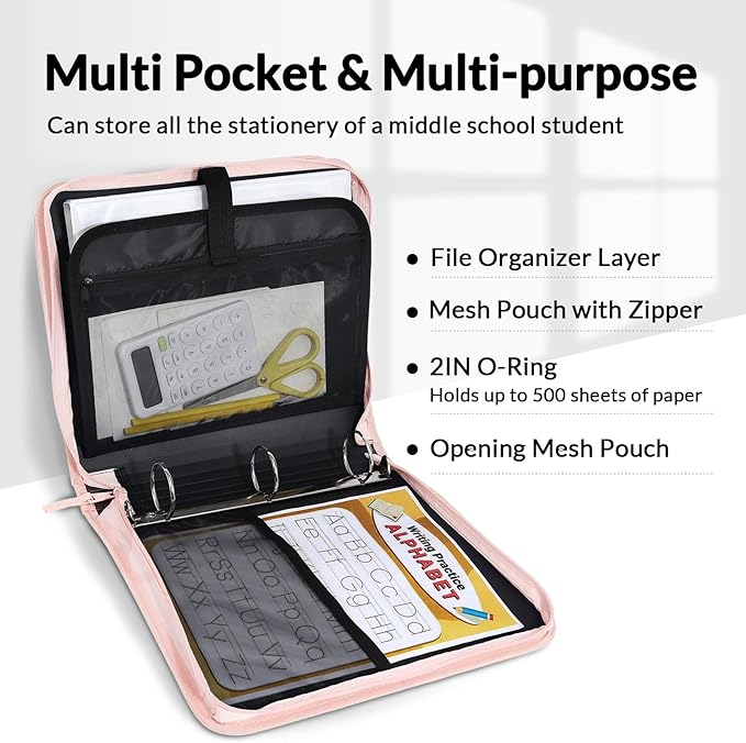 SUNEE Zippered Binder Bag with Handle, 2-Inch 3-Ring O-Ring, 500-Sheet Capacity, Includes Zip Pocket, 5-Tab Expanding File Folder, Multi-Pocket Organizer Binder for Middle School, Pink Lotus