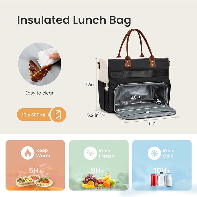 LOVEVOOK Lunch Bag for Women, Large Capacity Insulated Tote with Laptop Compartment, Leakproof Work Bag with Cup Holder for Nurse Teacher fit 15.6 Inch Laptop, Water Resistant Crossbody Handbag