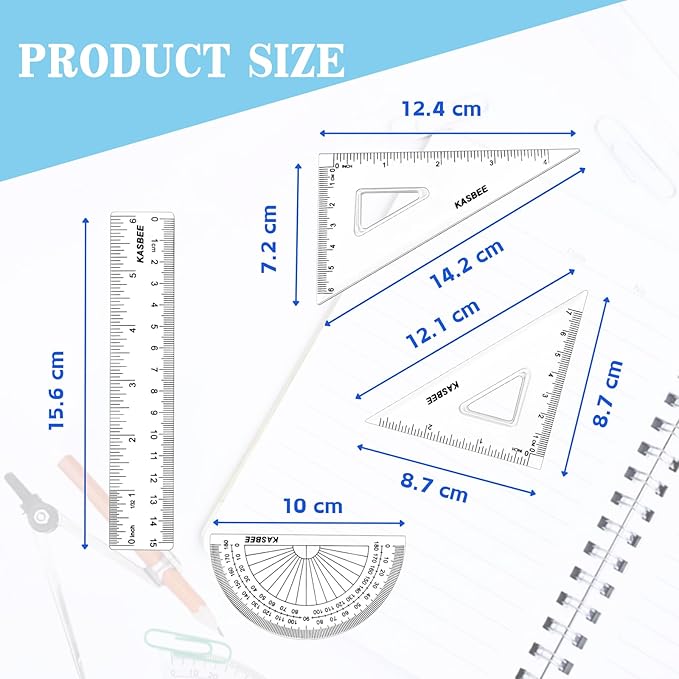 Geometry Set, 4PCS Geometry Kit for Students, Clear Protector, 6in Ruler, 2 Triangles, Metric and Imperial Scales