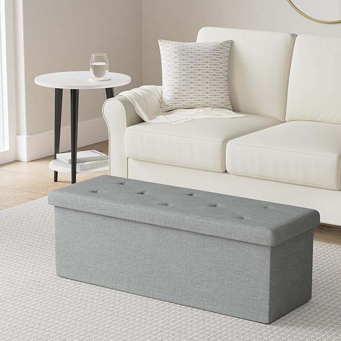 VECELO 43'' Folding Storage Ottoman Bench, Storage Chest, Linen Fabric Foot Rest Stool, 158L Storage Footstools for Bedroom and Living Room, Holds up to 660 lbs, DGRY