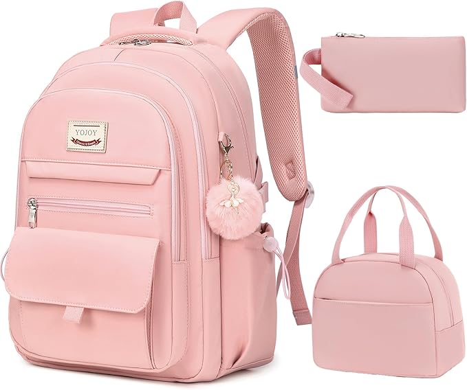 School Bag for Teens Girls,Girls Backpack Set,3 PCS Kids Backpack for Women,15.6 Inch Laptop Middle High School College Student Casual Travel Daypack with Lunch Box Pencil Pouch Set(Pink)