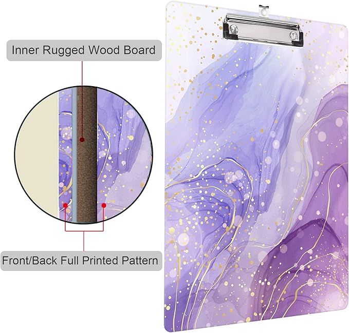 Fashion Clipboard, A4 Letter Size Wooden Decorative Clipboards for Teacher, Nurse, Doctor,Student and Kids, Cute Design for Standard Size 12.2" x 8.9"(C-Light Purple Marble)