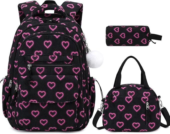 Bevalsa Backpack for Gilrs, 3PCS Corduroy Kids Backpack Set with Lunch Box & Pencil Pouch, Bookbag Daypack Laptop Bag for Women Teens Elementary Middle High School