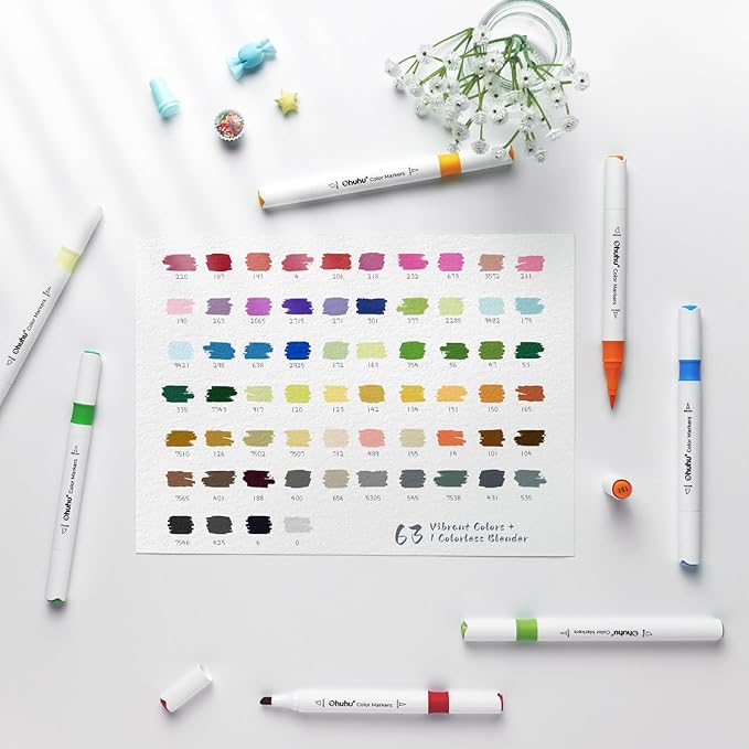 Ohuhu Water-based Markers for Adult Coloring Books No Bleeding 64 Colors Dual Tips Coloring Markers for Kids Adults Beginners Drawing Pens for Journaling Lettering (Brush & Chisel)
