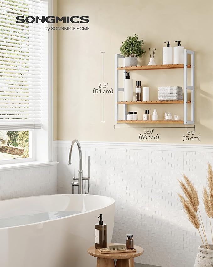 SONGMICS Bamboo Bathroom Shelf, 3-Tier Adjustable Plants Rack, Wall-Mounted or Stand, in The Living Room, Balcony, Kitchen, 5.9 x 23.6 x 21.3 Inches, Natural and Cloud White UBCB13WN