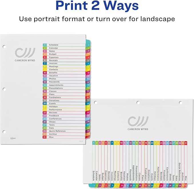 Avery 1-31 Dividers for 3 Ring Binders, 31 Tabs per Set, Customizable Table of Contents, Multicolor Arched Tabs, Great for Organizing Reports, Projects, and More (12 Sets of 11846)