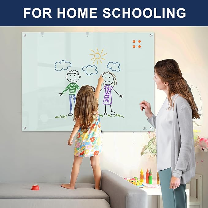 TSJ OFFICE Glass Dry-Erase Board - 48 x 36 Inches Wall Mounted Glass Whiteboard, Large Frameless Magnetic White Board for Office, Home & School, White