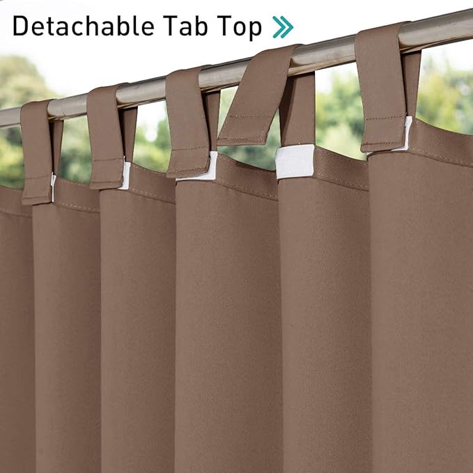 NICETOWN 2 Panels Outdoor Curtains for Patio Waterproof Vertical Blind, Detachable Sticky Tab Top Thermal Insulated Privacy Protected Outdoor Divider Window Treatment for Pergola, W52 x L108-Inch, Tan