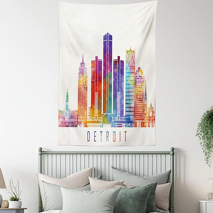 Ambesonne Detroit Tapestry, Vibrant Colored Abstract Skyscrapers Modern Architecture Watercolor Style Landmarks, Fabric Wall Hanging Decor for Bedroom Living Room Dorm, 23" X 28", Ivory