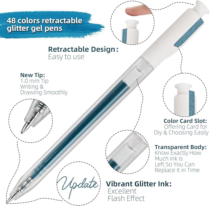 48 Colors Retractable Glitter Gel Pens, Colored Gel Pens, For Artists Coloring Books Drawing Journaling Doodling Writing