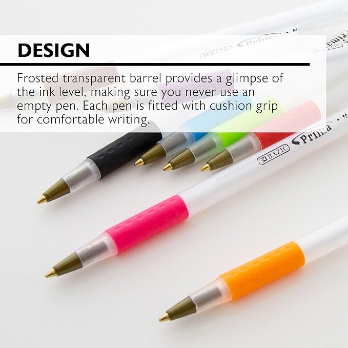 BAZIC Products Ballpoint Pen Prima 8 Color Stick Pens, Soft Grip 1.0 mm Bold Point Smooth Writing, for Office School Teacher (8/Pack), 24-Pack
