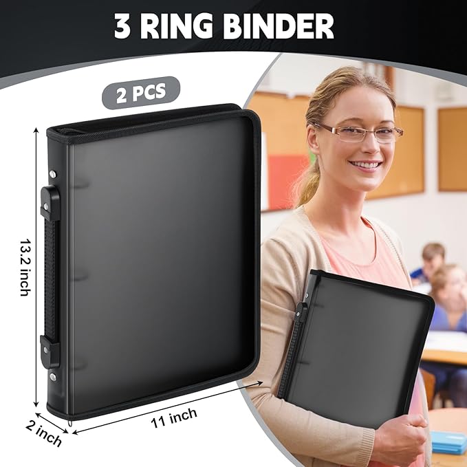 Teling 2 Pcs Plastic Zipper Binders with 3 Ring Zipper Binder, Refillable File Organizer Planner for Projects, Assignments, Memos, School Work (2 Inch,Black)