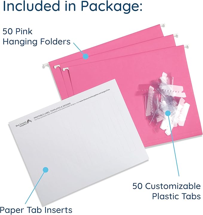 Blue Summit Hanging File Folders, Letter Size, Pink, Great for Organizing and Easy File Storage, 50 Per Box