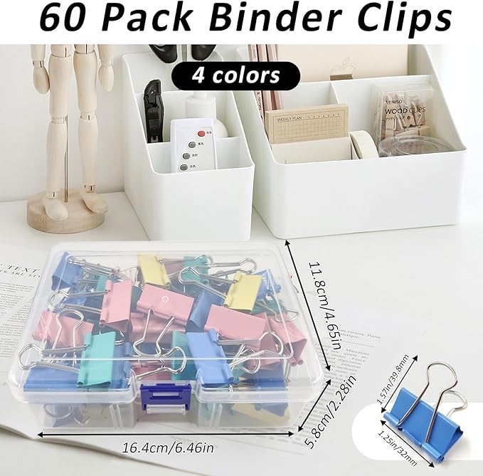 60 Pack Binder Clips Medium, 1.25 Inch/32mm Colored Binder Paper Clips with Container, Paper Clamps for Office Supplies, Home, School,Business Document Organizing (Blue, Pink, Yellow, Green)