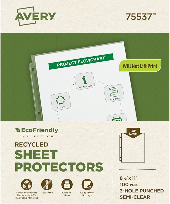 Avery EcoFriendly Recycled Economy Sheet Protectors, Semi-Clear, Top Load, 100 Document Protectors (75537)