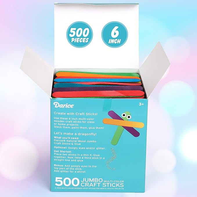 Darice 500 Colored Pcs Popsicle Sticks for Crafts, 6" Colorful Wooden Rainbow Craft Sticks - Classroom Supplies, STEM DIY Art, Ages 3+