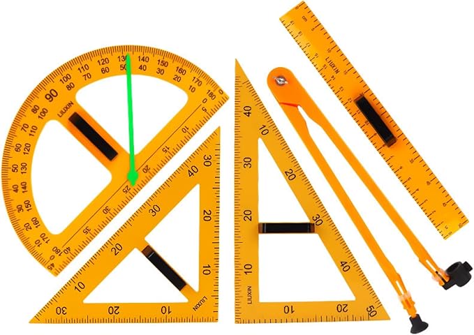5PCS Magnetic Geometry Set, 60°45°Triangle Ruler Protractor Compass Set with Non Slip Handle, Large Geometry Ruler Drawing Tools for Teachers on Whiteboard Math Classroom