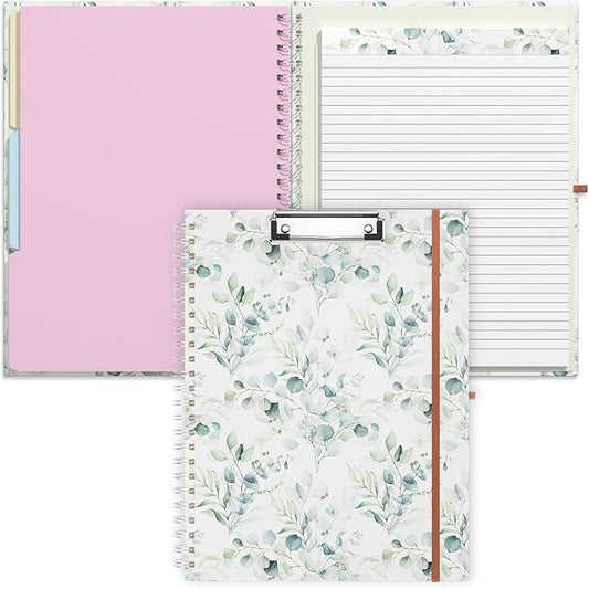 Rimilak Spiral Clipboard Folio with Refillable Lined Notepad, 14.5 x 9.8 In, Hardcover Cover with 5 Interior Pockets, Elastic Band and Pen Loop Series. Cute Stylish Clipfolio, Green Leaves