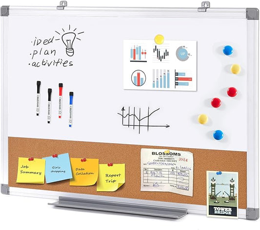S SWANCROWN Dry Erase Board Cork Board Combo, Magnetic White Board and Bulletin Pin Board Combination,Hanging Wall Mounted Vision Board for Home, School, Office,Silver Frame,24"x18"