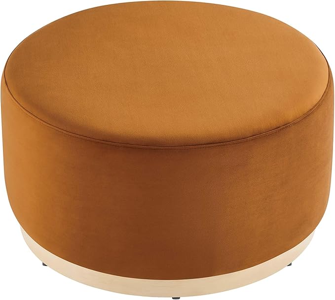 Modway Tilden 29 Inch Round Performance Velvet Upholstered Ottoman in Rust Natural - Round Ottoman Coffee Table for Living Room - Large Ottoman Foot Rest with Rubberwood Plinth Base