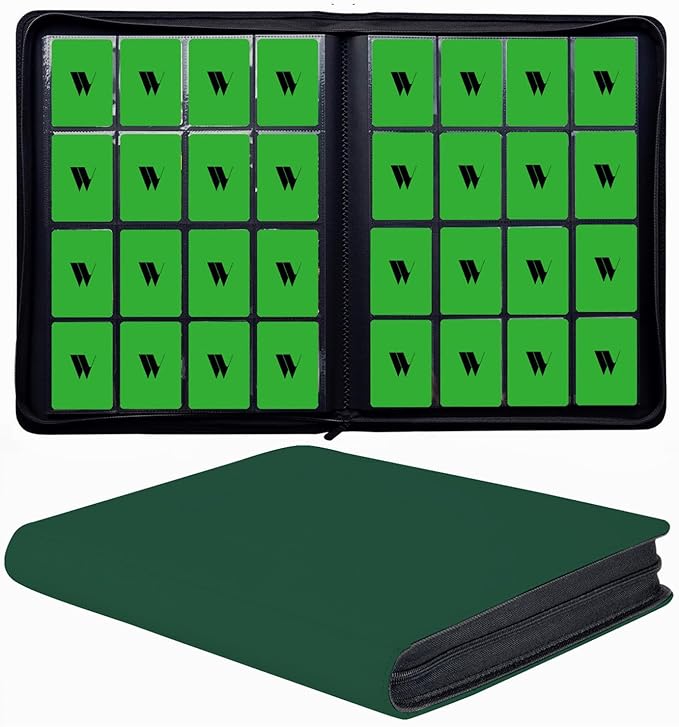 16 Pocket Card Binder, 1000+ Premium Zip Trading Card Binder, Double Sided Pocket Card Binder Album, Ringless Card Folder for MTG, TCG, Sports Card (Green, 16Pockets)