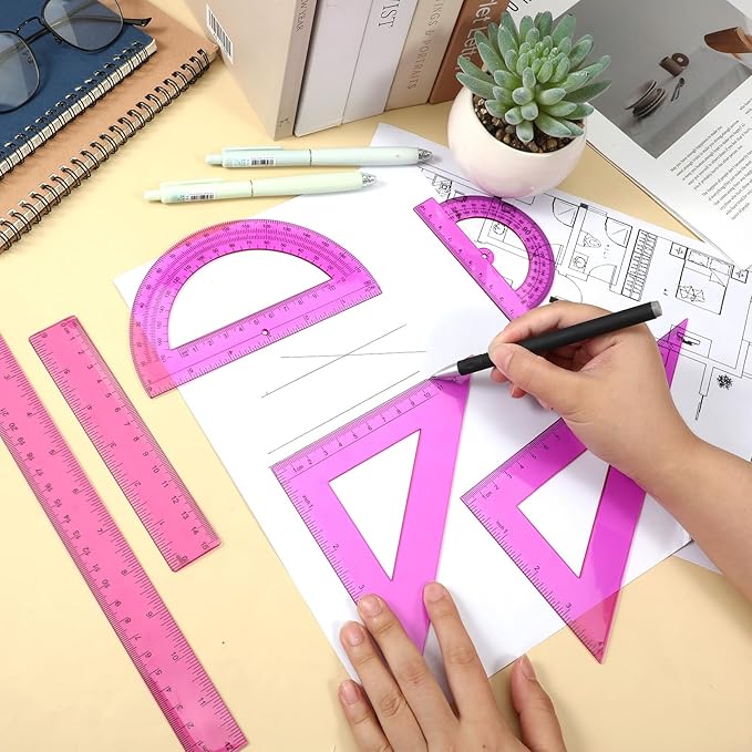 6 PCS Plastic Ruler Set Includes Transparent Ruler 12 & 6 Inch, Clear Protractor, and Triangle Rulers, Purple Rulers Math Geometry Set Measuring Tool for School Supplies Home Office Drawing