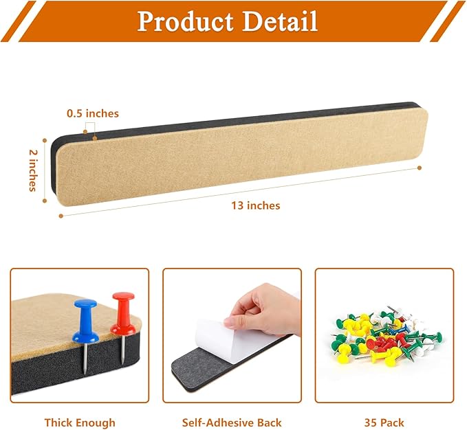 8Pcs Rectangle Felt Cork Board Bar Strips with 35 Pushpins, Self-Adhesive Bulletin Board Strips for Office School Home Wall Decor Stickers Memos Schedules Photos Display -Black
