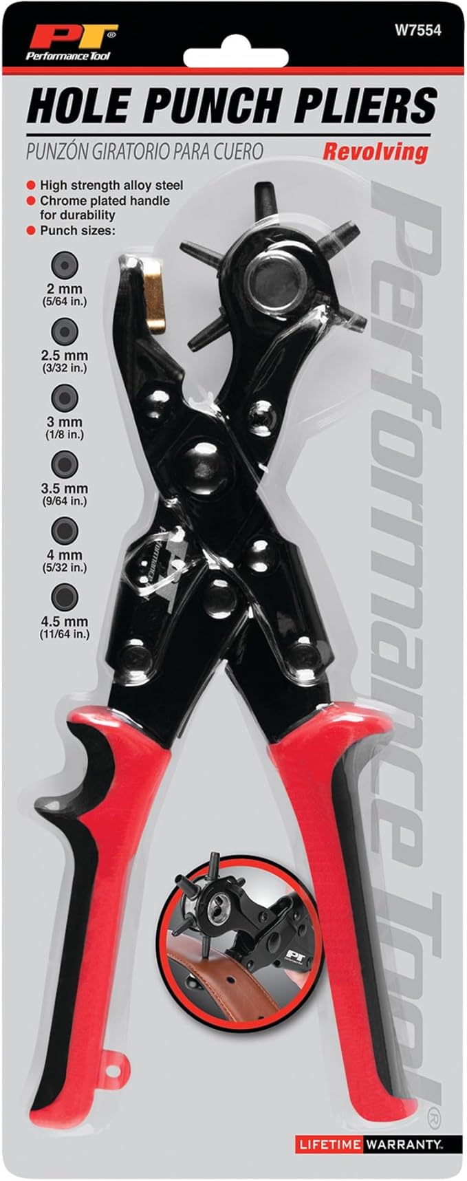 Performance Tool W7554 Double Hinged Hole Punch Tool with 6 Punch Sizes and Adjustable Tension for Belts, Upholstery, and More