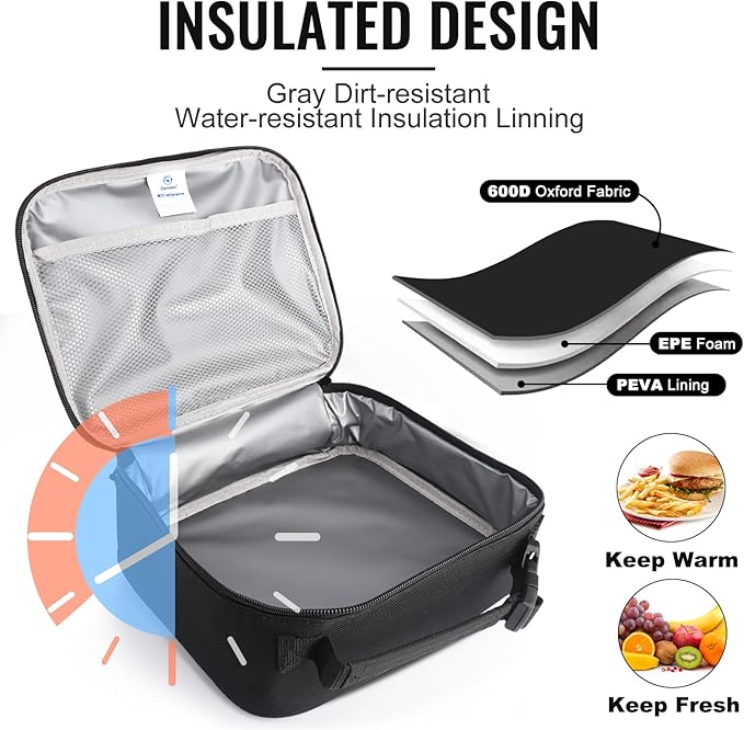 Genteen Lunch Box Kids, Insulated Lunch Bag Kids Boys Girls Back to School, Soft Lunch Box for Men Reusable Lunchbox for Office,Outdoor,School (Black)