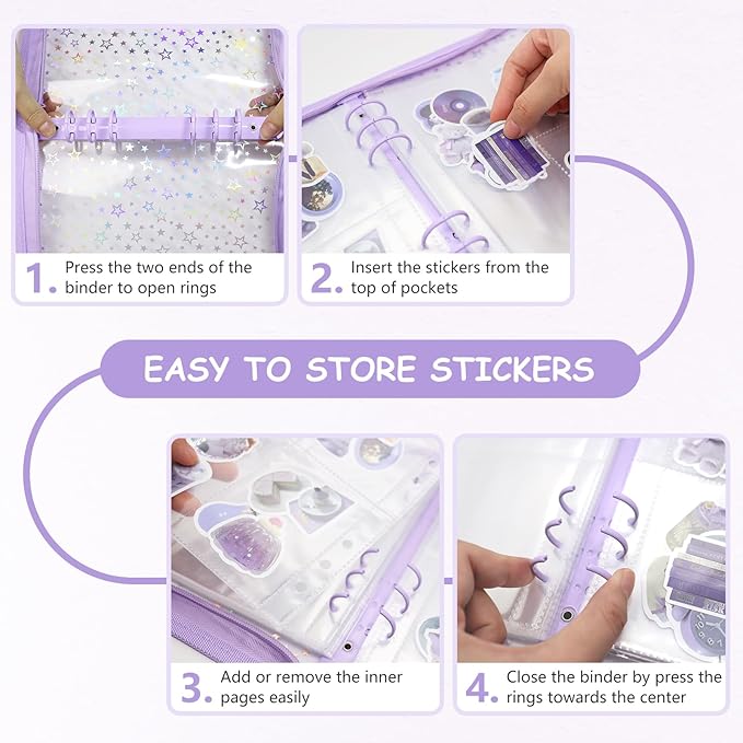Sticker Organizer Binder - Reusable Sticker Collecting Book Storage Album Holder with Pocket Pages A5 Zipper Cover Collection Container (Purple)