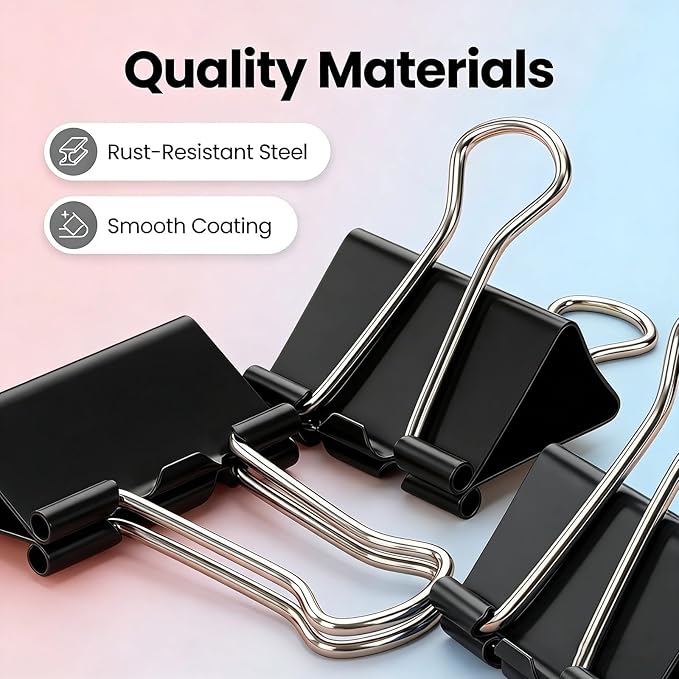180 Pcs Binder Clips Assorted Sizes, Black Binder Paper Clips Office Clips Office Supplies, 4 Sizes Cute Binder Clips Large Medium Small Paper Clips Paper Clamps for Home School Business (Black)