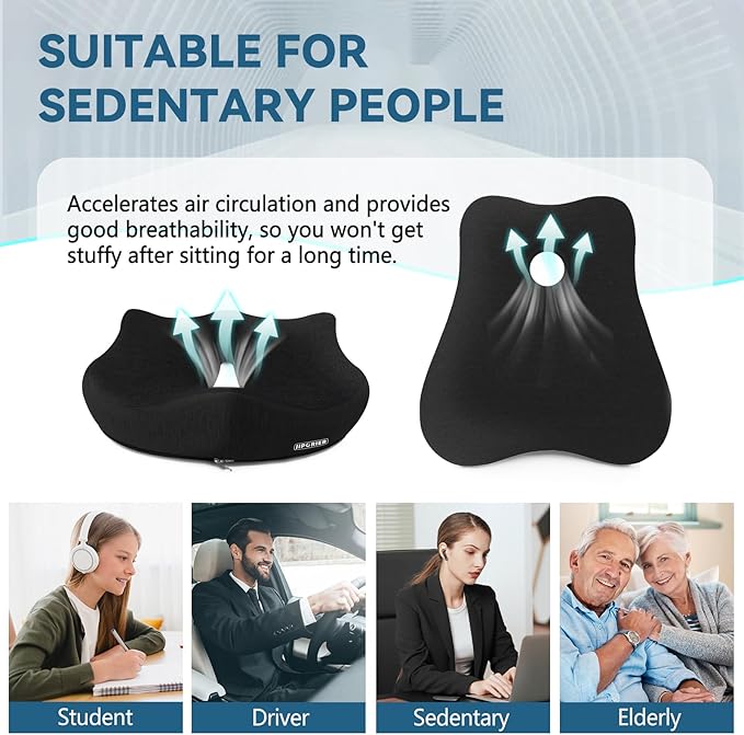 Seat Cushion & Lumbar Support Pillow Set for Office Chair, Ergonomic Pillow for Sciatica Pain Relief, Memory Foam Back Support Pillow & Chair Cushion for Car seat, Desk Chair (Black)