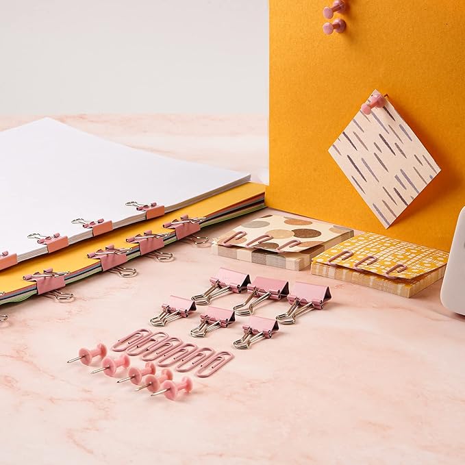 97 PCS Office Supplies for Women, Paper Clips, Binder Clips and Push Pins Set, Paperclips Thumb Tacks School and Home Desk Supplies, Desk Organized (Pink)