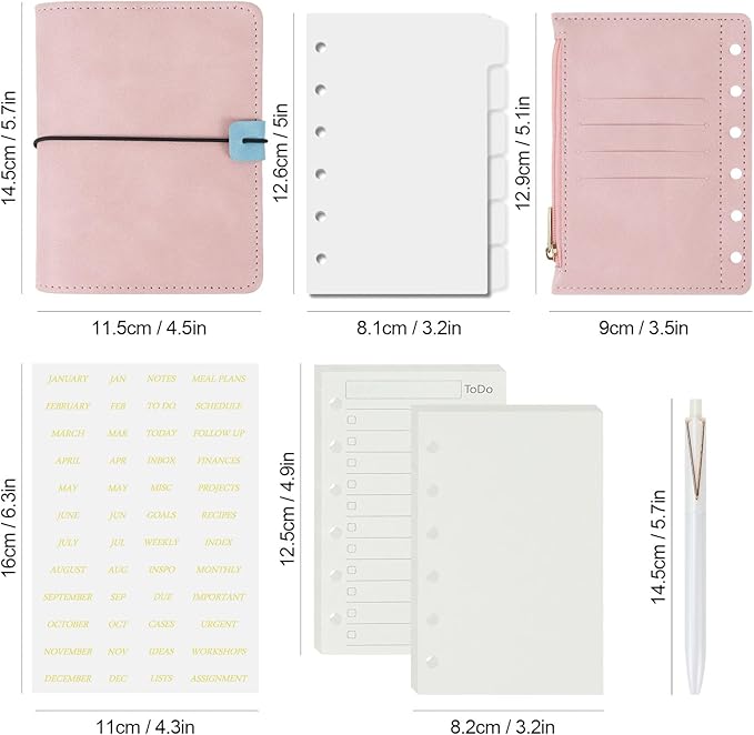 A7 Binder Refillable Planner Notebook 6 Ring, Portable Leather Organizer with Zippered Pocket, To-Do & Blank Refill Papers, Dividers, Monthly Sticker, Pen, for Students, Professionals, Travel (Sky Blue & Pink)