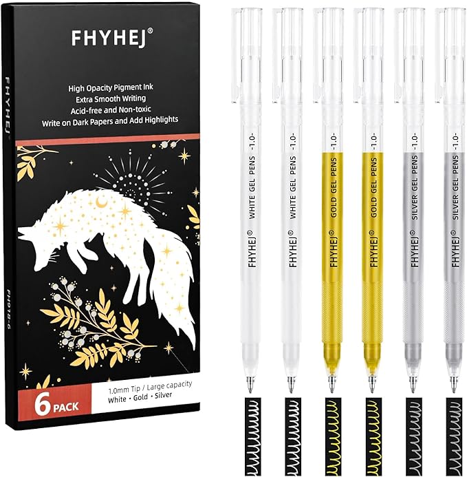 Fhyhej Gold Silver White Gel Pens,1.0mm Fine Point Gel Ink Pen Archival Ink Pens for Black Paper Drawing, Sketching, Illustration, Card Making, Bullet Journaling, 6 Pack
