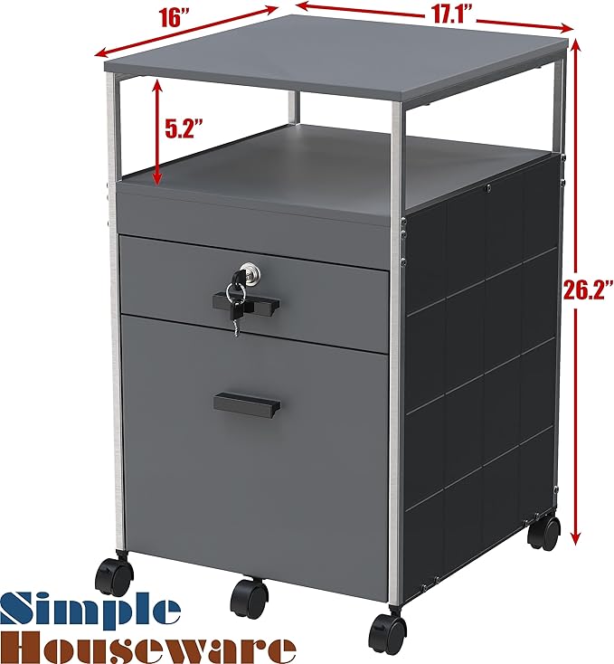 SHW Box File Rolling Mobile Cabinet with Open Shelf and Lockable Drawer, Gray