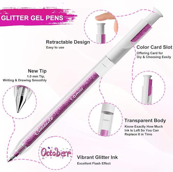 12 Colors Retractable Glitter Gel Pens, Colored Gel Pens, For Artists Adults Coloring Books Drawing Journaling Doodling Writing
