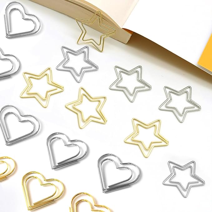 Hesena 200 Pcs Cute Paper Clips Set, 100 Pcs Heart & 100 Pcs Star Shaped Shape Paper Clipss, for Office and Home (Heart Shape+Star Shape)