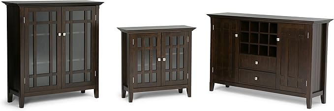 SIMPLIHOME Bedford Storage Cabinet - 32 inch Wide Solid Wood Low Media Cabinet in Dark Tobacco Brown, Transitional Console for Living Room, Entryway, or Dining Room with Glass Doors and Shelves