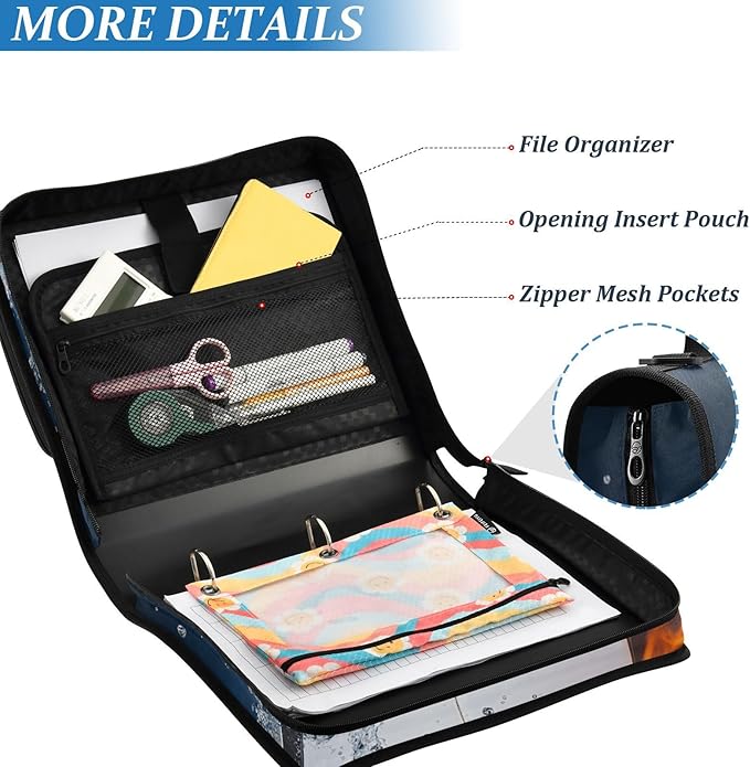 Water Fire Soccer Zipper Binder Bag 3 Ring Binder with Shoulder Strap Zip Up 500 Sheets Capacity Multi Pockets for School Office Supplies